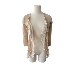 A' Reve Lightweight Open Cardigan Size Small Tan Flare Laced Boho Layered